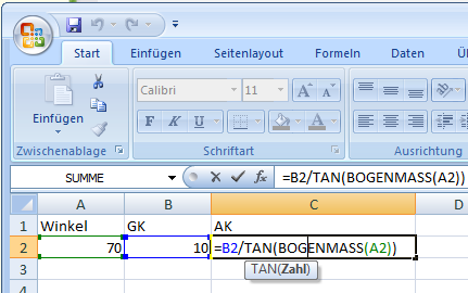 Excel, Tangens