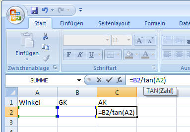 Excel, tan-Formel, Gegenkathetenberechnung