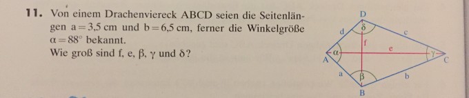 Drachenviereck mit a=3.5cm, b=6.5cm und alpha = 88 ...