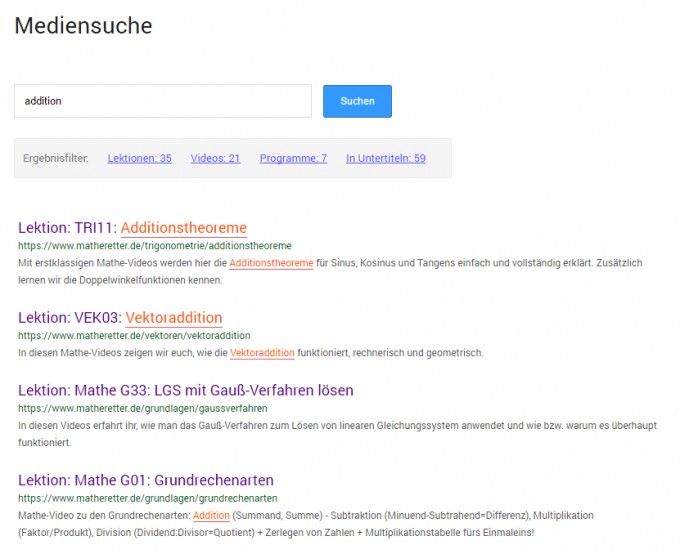 Screenshot Mediensuche - Matheretter-Suchmaschine