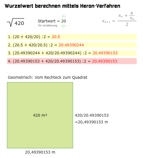 wurzel aus 420 berechnen mit heron-verfahren