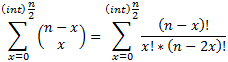 Summe über alle x von 0 bis zur abgerundeten Hälfte von n von n minus x über x
