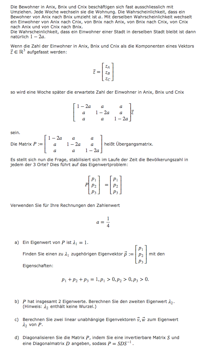 Diagonalisierung einer Markovmatrix, Eigenwerte ...