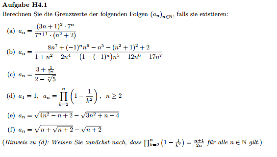 Grenzwerte der Folgen bestimmen: a_n=((3n+1)^2*7^n)/(7^{n+ ...