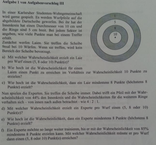 Wahrscheinlichkeit für Punkte auf Dartscheibe | Mathelounge
