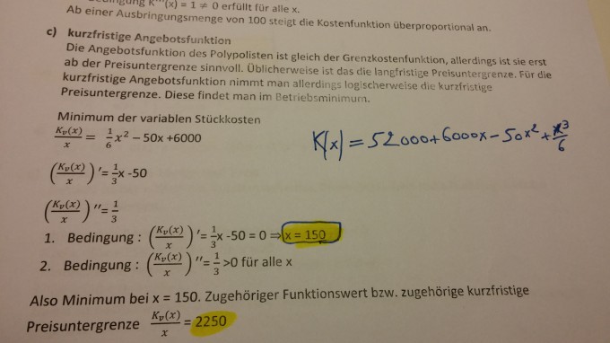 Minimum der variablen Stückkosten ermitteln. 1/3 x - 50=0 ...